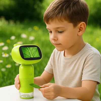 Garçon utilisant un microscope pour enfants dans le jardin pour observer une feuille sur lâĂ©cran