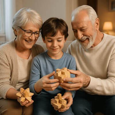 Grand-parents et enfant jouant ensemble Ă un casse-tĂȘte en bois, moment familial ludique et Ă©ducatif