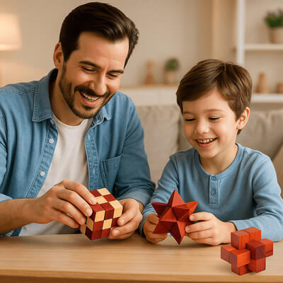 Un papa et son fils s’amusent avec des casse-têtes en bois, jeu de réflexion