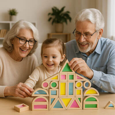 Jeu de construction en bois pour enfant favorisant la créativité et le lien intergénérationnel, moments complices entre grands-parents et petite-fille