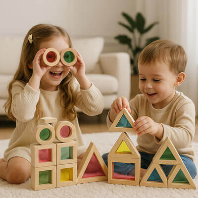 Frère et sœur s’amusant avec un jeu de construction en bois stimulant l’imagination, la coopération et l’apprentissage ludique