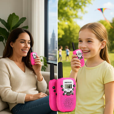 mĂšre et fille communiquant avec des talkies walkies enfant