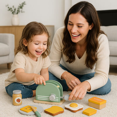 Maman jouant à la dinette en bois avec sa fille sur le tapis du salon, moment joyeux et complice