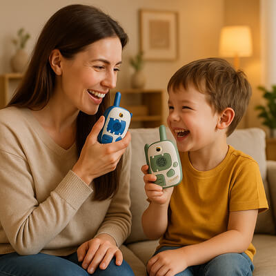 MĂšre et fils communiquant avec un talkie walkie enfant