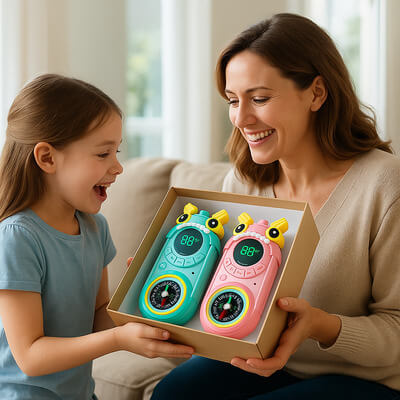 MĂšre offrant un talkie walkie enfant en cadeau Ă sa fille, moment de partage et joie