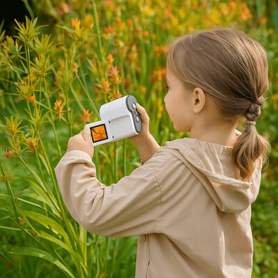 Fillette utilisant un microscope enfant dans le jardin pour observer une fleur