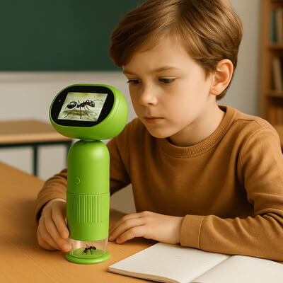enfant observant une fourmi avec un microscope enfant à écran
