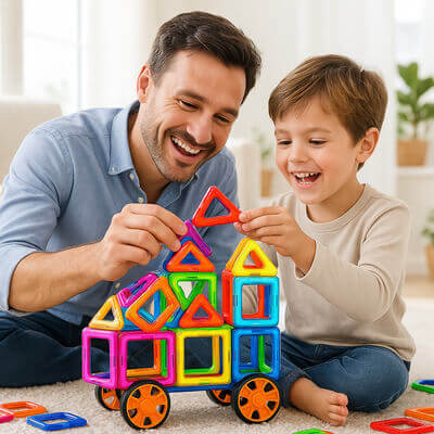 Papa et fils jouant à un jeu de construction magnétique coloré, moment de complicité