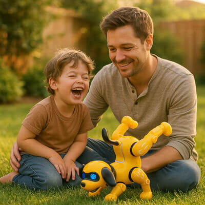 Parent et enfant jouant avec un chien robot interactif jaune aux yeux LED lumineux, robot dansant et chantant, moment de complicité et de joie familiale