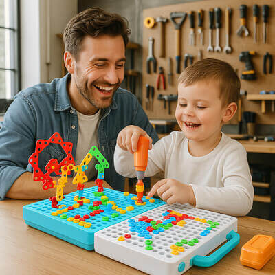 PÚre et fils jouant ensemble avec la malette de construction, moment heureux et ludique dans le garage, développement créativité et motricité fine