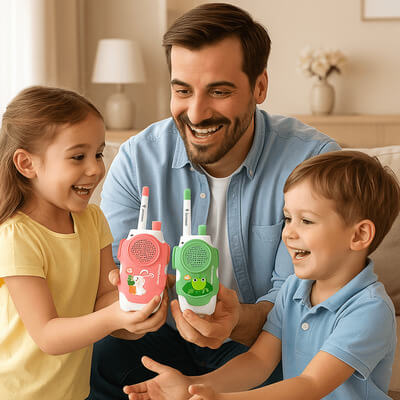 un pĂšre offre des talkies walkies pour enfants en cadeau