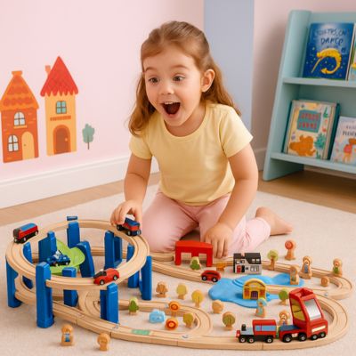 petite fille qui joue avec un train en bois dans sa chambre