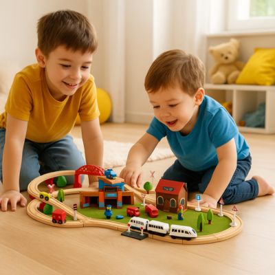 deux petits garçons qui jouent avec le train en bois