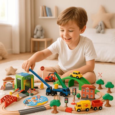 petit garçon de 5 ans en train de jouer avec son train en bois dans sa chambre