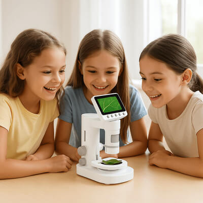 Trois filles utilisant un microscope enfant à écran pour observer une feuille
