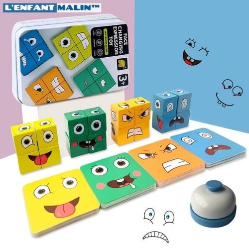 enfant qui joue au jeu de societé en bois grimaces colorés amusant jeu de societé pour enfant jeu de societé pour adulte enfant malin boutique jeu éducatifs jeu en bois avec cartes et sonnette amusant jeu bois