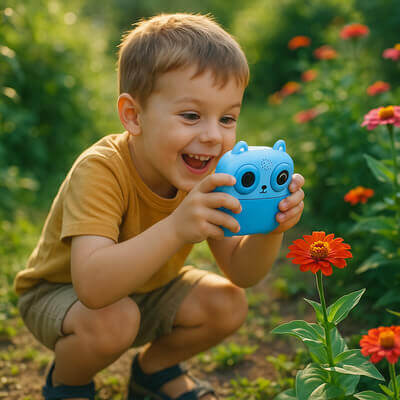petit garçon utilisant un appareil photo enfant bleu pour photographier une fleur colorée dans un jardin