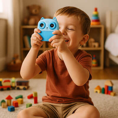 petit garçon prenant une photo avec un appareil photo enfant bleu dans sa chambre