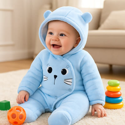 Bébé entouré de jouets colorés, portant une barboteuse bleu clair