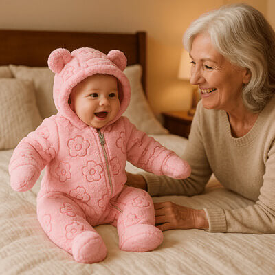 Bébé en barboteuse douce à fleurs avec capuche à oreilles d’ours, jouant avec sa grand-mère sur un lit