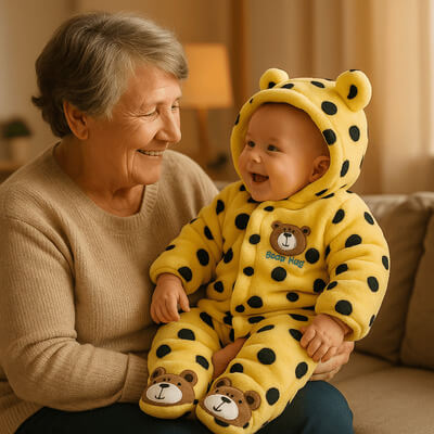 Bébé souriant en barboteuse jaune pelucheuse avec capuche assis sur les genoux de sa grand-mère