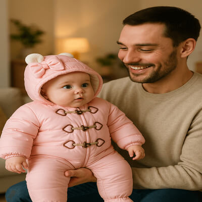 Bébé en barboteuse ROSE en coton avec capuche et oreilles d'ours dans les bras de son papa