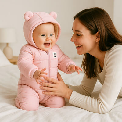 Bébé barboteuse rose jouant avec sa maman sur un lit, moment complice et tendre