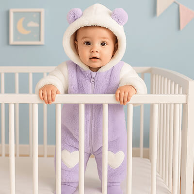 Bébé debout seul sur un lit, portant une barboteuse à capuche violette