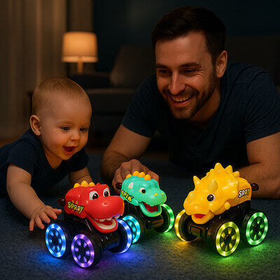 Bébé jouant avec son papa aux jouets dinosaures lumineux, moment tendre et ludique de nuit