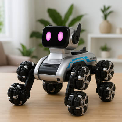 Chien robot électrique marchant et roulant sur différentes surfaces