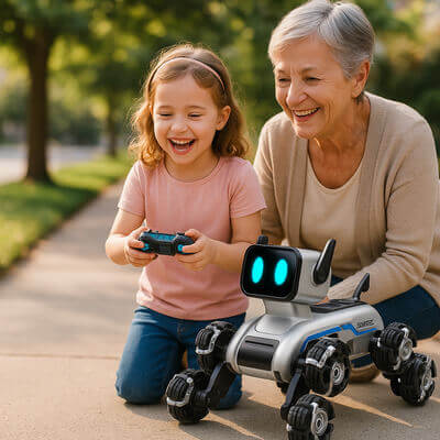 Fillette jouant avec chien robot RC tout-terrain à roues en caoutchouc sur trottoir, grand-mère à ses côtés, moment de complicité