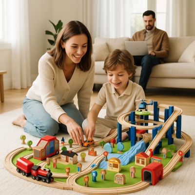 un garçon de 7 ans avec sa maman qui joue avec le train en bois
