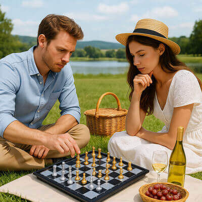 Un homme et sa femme jouant au jeu d'échec magnétique lors d'un picnic, échiquier magnétique portable