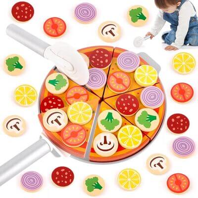 Dinette en bois en forme de pizza avec garnitures à découper et attaches velcro