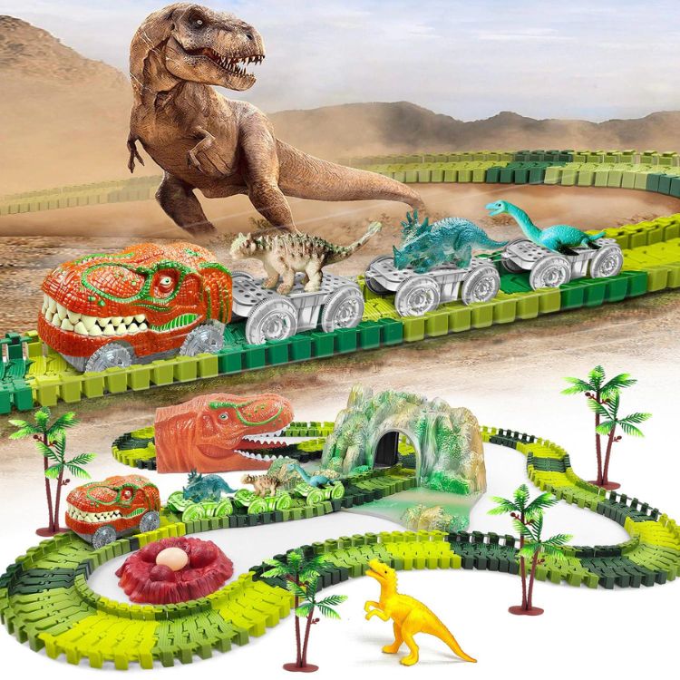 circuit voiure multipieces avec dinosaures et voiture electrique lumineuse