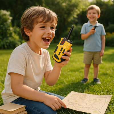 enfants jouant avec un talkie walkie dans un jardin pendant une chasse au trésor éducatif