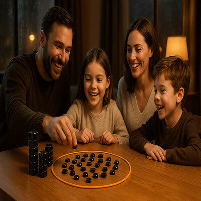 une famille heureuse jouant à un jeu de société magnétique