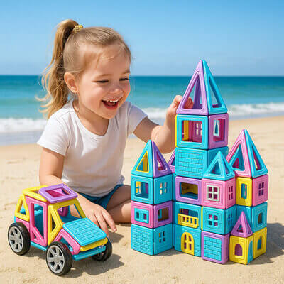 Fillette construisant un château avec un jeu de construction magnétique, à la plage