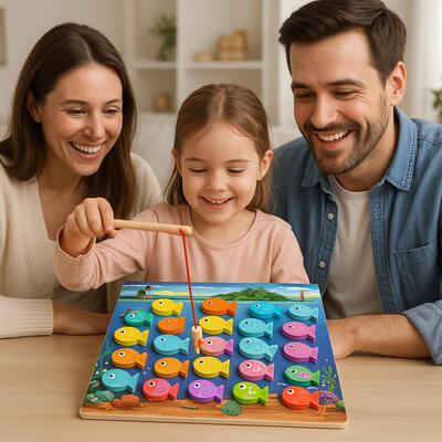 Fillette jouant au jeu de pêche magnétique avec ses parents qui la regardent fièrement, moment familial joyeux 