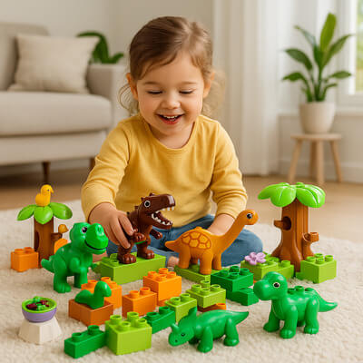 fillette joyeuse jouant aux jouets dinosaures