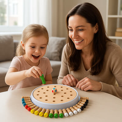 Fillette jouant au jeu de société en bois pendant que sa mère la regarde fièrement, moment familial et éducatif