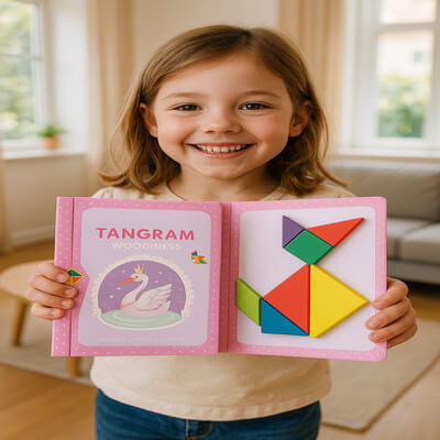 Fillette souriante tenant un jeu magnétique puzzle éducatif et ludique pour enfants