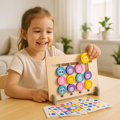 Fillette souriante jouant à un jeu de reproduction éducatif Montessori