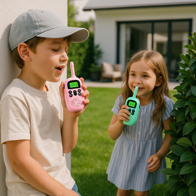 Frère et sœur s’amusent à cache-cache en utilisant des talkies walkies 