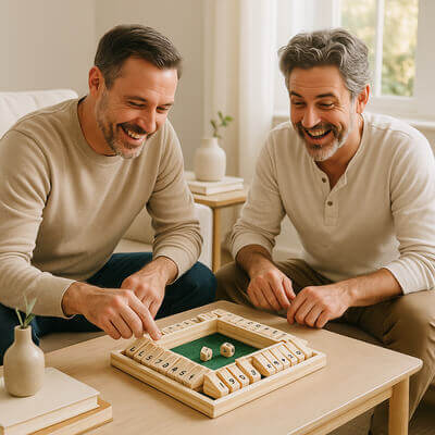 Deux hommes adultes jouant au jeu de société, moment convivial entre amis, idée-cadeau homme