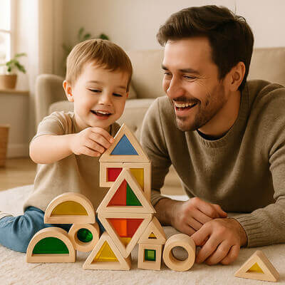 Père et fils jouant à un jeu de construction en bois éducatif pour développer la motricité fine et la coordination