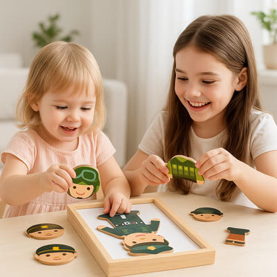Fillette et sa grande sœur jouant ensemble à un jeu magnétique puzzle, moment éducatif et ludique