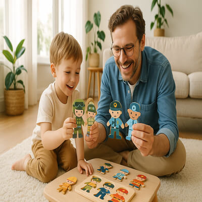 Enfant et son père souriants jouant ensemble à un jeu magnétique puzzle sur les métiers, moment ludique et éducatif