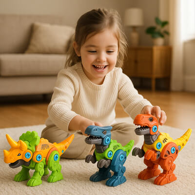 fillette souriante jouant aux jouets dinosaures