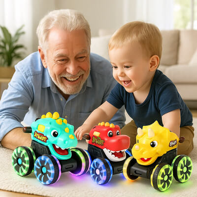 Grand-père et petit-fils jouant ensemble aux voitures dinosaures, jouets dinosaures, moment de complicité et de partage